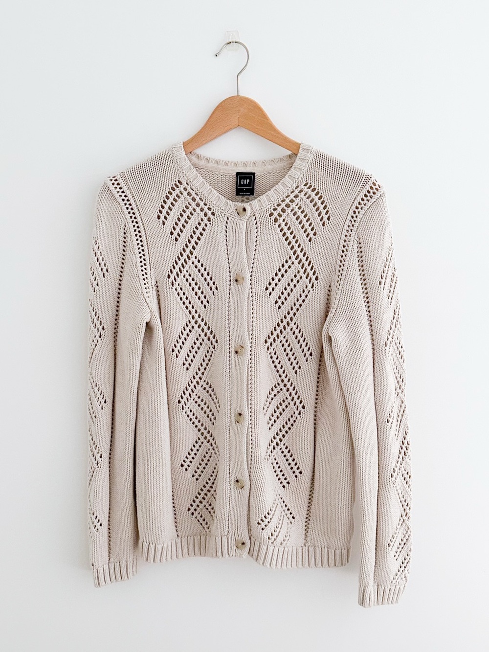 Gap Cream 100% Cotton Pointelle Cardigan Openwork Heritage Knit Sweater Size L